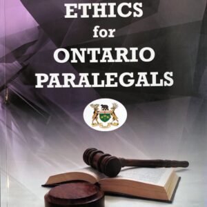 Cover of textbook "Ethics for Ontario Paralegals." Depicts a wooden judge's gavel sitting on an open book against a purple backdrop.