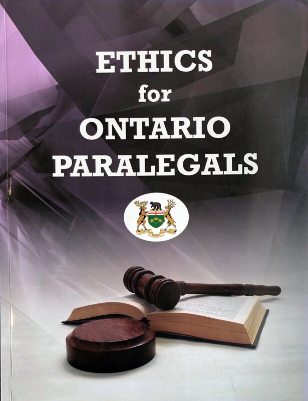 Cover of textbook "Ethics for Ontario Paralegals." Depicts a wooden judge's gavel sitting on an open book against a purple backdrop.