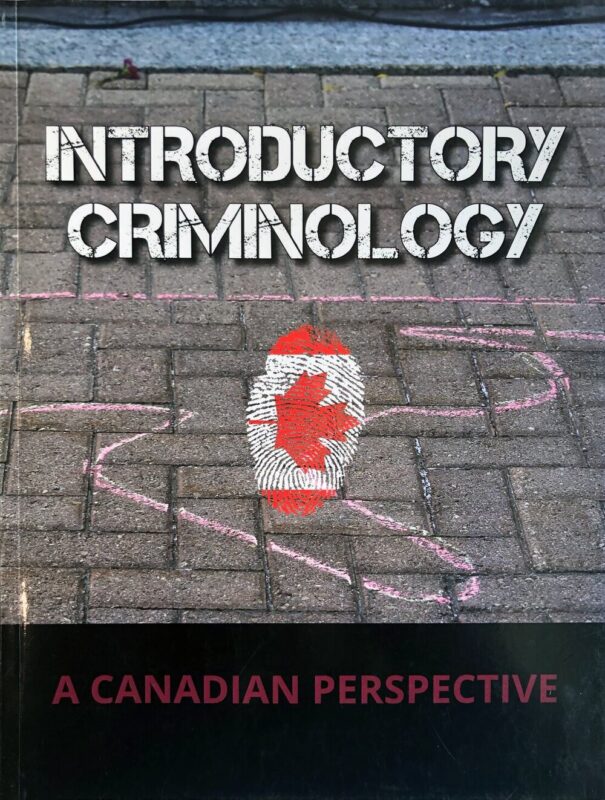 Cover of textbook "Introductory Criminology: a Canadian Perspective." Thumbprint graphic coloured with Canadian flag imposed on a chalk outline of a person drawn on a paving stone road or sidewalk.