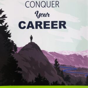 Cover of textbook "Conquer Your Career." Person in silhouette standing on top of a mountain looking over a valley, primarily purple and green.