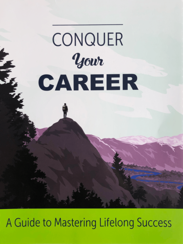 Cover of textbook "Conquer Your Career." Person in silhouette standing on top of a mountain looking over a valley, primarily purple and green.